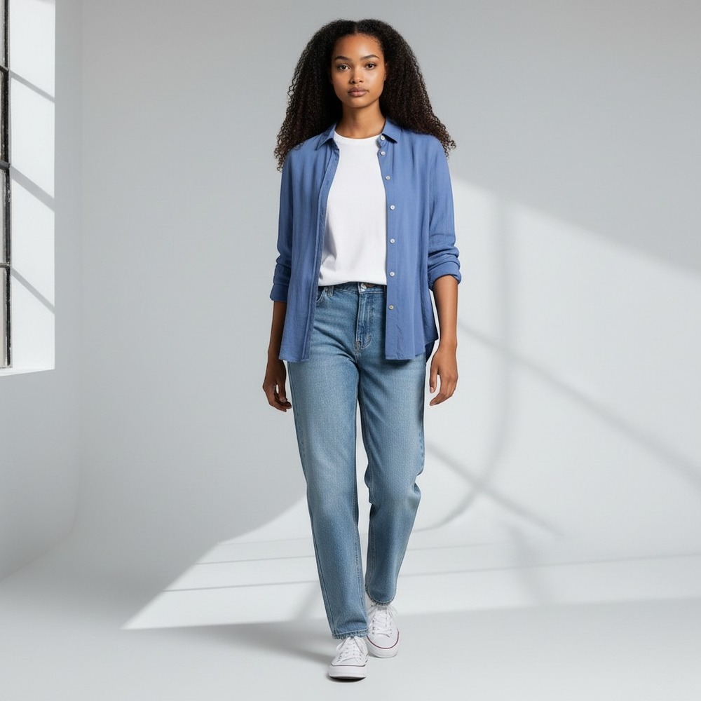 Everlane Silk Relaxed Shirt Womens 8 Blue Excellent Long Sleeve Button Down
